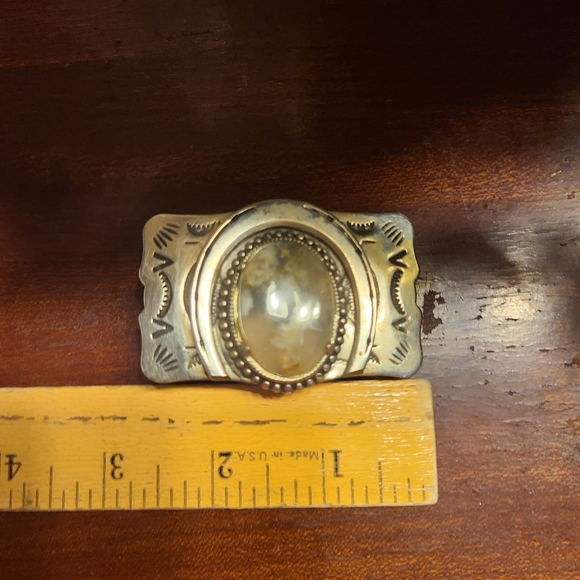 VTG Vintage Moss Agate Stone Belt Buckle Nickel Silver Horseshoe Stamped - Picture 2 of 4